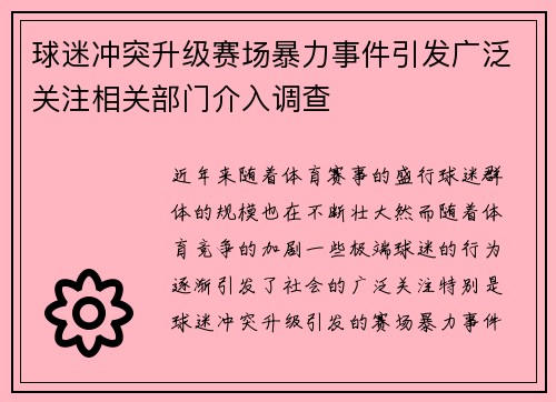 球迷冲突升级赛场暴力事件引发广泛关注相关部门介入调查 球迷冲突升级赛场暴力事件引发广泛关注相关部门介入调查