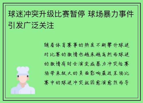 球迷冲突升级比赛暂停 球场暴力事件引发广泛关注 球迷冲突升级比赛暂停 球场暴力事件引发广泛关注